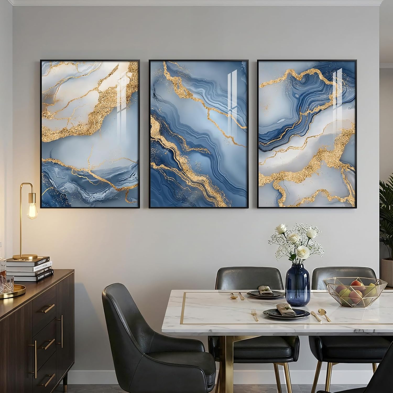 Large Framed Blue Gold White Abstract Wall Art for Living Room, Each 24x36 image 4
