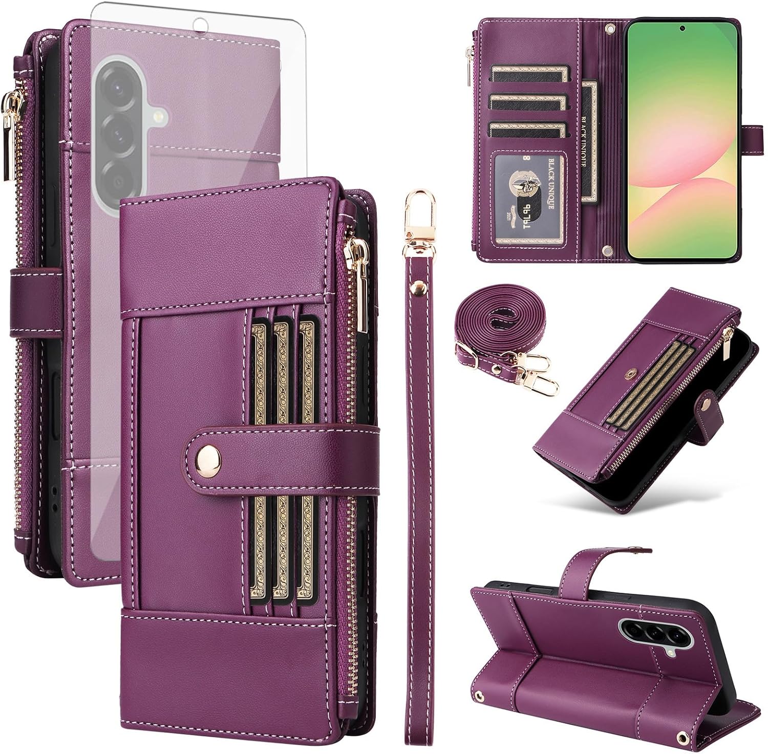 Asuwish Phone Case for Samsung Galaxy A56 5G Wallet Cell Cover with Tempered Glass Screen Protector RFID Blocking Crossbody Lanyard Strap Flip Zipper Credit Card Holder A 56 56A LTE Women Men Purple