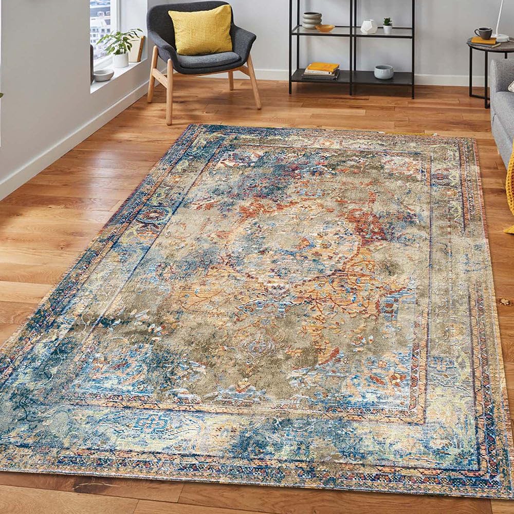 bamyum Landon Alfombra Impresa Chenilla Estampada a Máquina 160 x 230 cm, Alfombra Lavable Salón, Alfombra Multicolor Vintage Dormitorio, Antibacteriana Antideslizante Base Alfombra Cocina