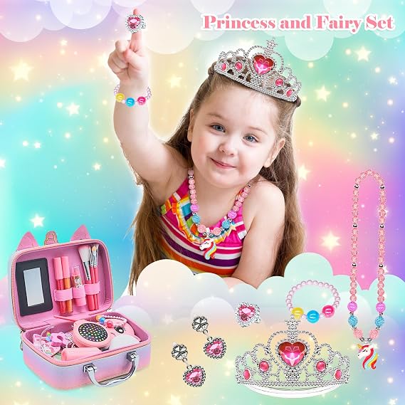 Mrabbitoo Kids Real Makeup Kit for Girls - 63Pcs Non-Toxic Washable Little Girls Make Up Toys, Princess Cosmetics Set for Toddlers to Tweens