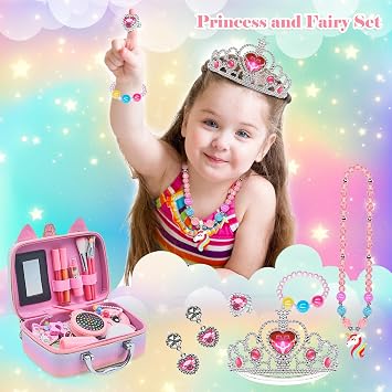 Mrabbitoo Kids Real Makeup Kit for Girls - 63Pcs Non-Toxic Washable Little Girls Make Up Toys, Princess Cosmetics Set for Toddlers to Tweens