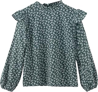 Girl's Keyhole Back Frilled Neck Long Sleeve Blouse Stand Collar Bishop Sleeve Casual Tops T Shirt