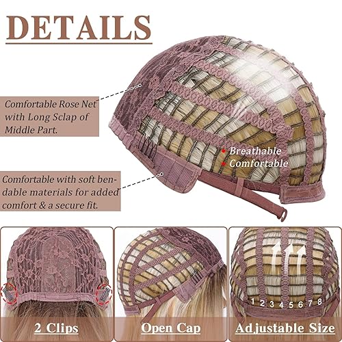 Miniatura 4 de Peluca rubia Bob con flequillo, pelucas cortas Bob para mujer, peluca rubia con raíces oscuras, peluca sintética recta Yaki, pelucas de Navidad,