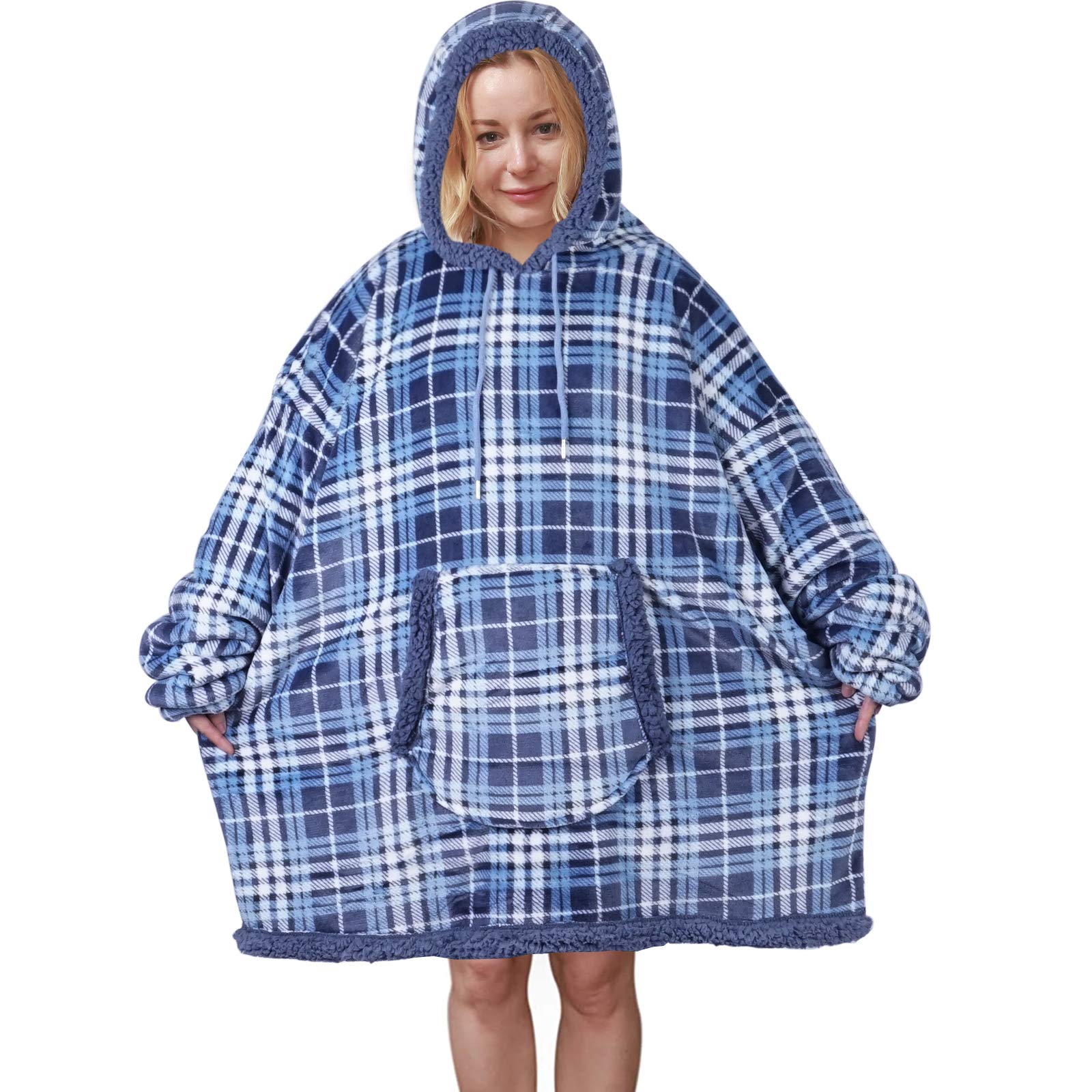 Hoodie Blanket Sweatshirt, Wearable Sherpa Fleece Pullover with Front Pocket, Super Soft Warm Cozy Throw for Men and Women, One Size Fits All (Blue Plaid, Reversible Match Color)