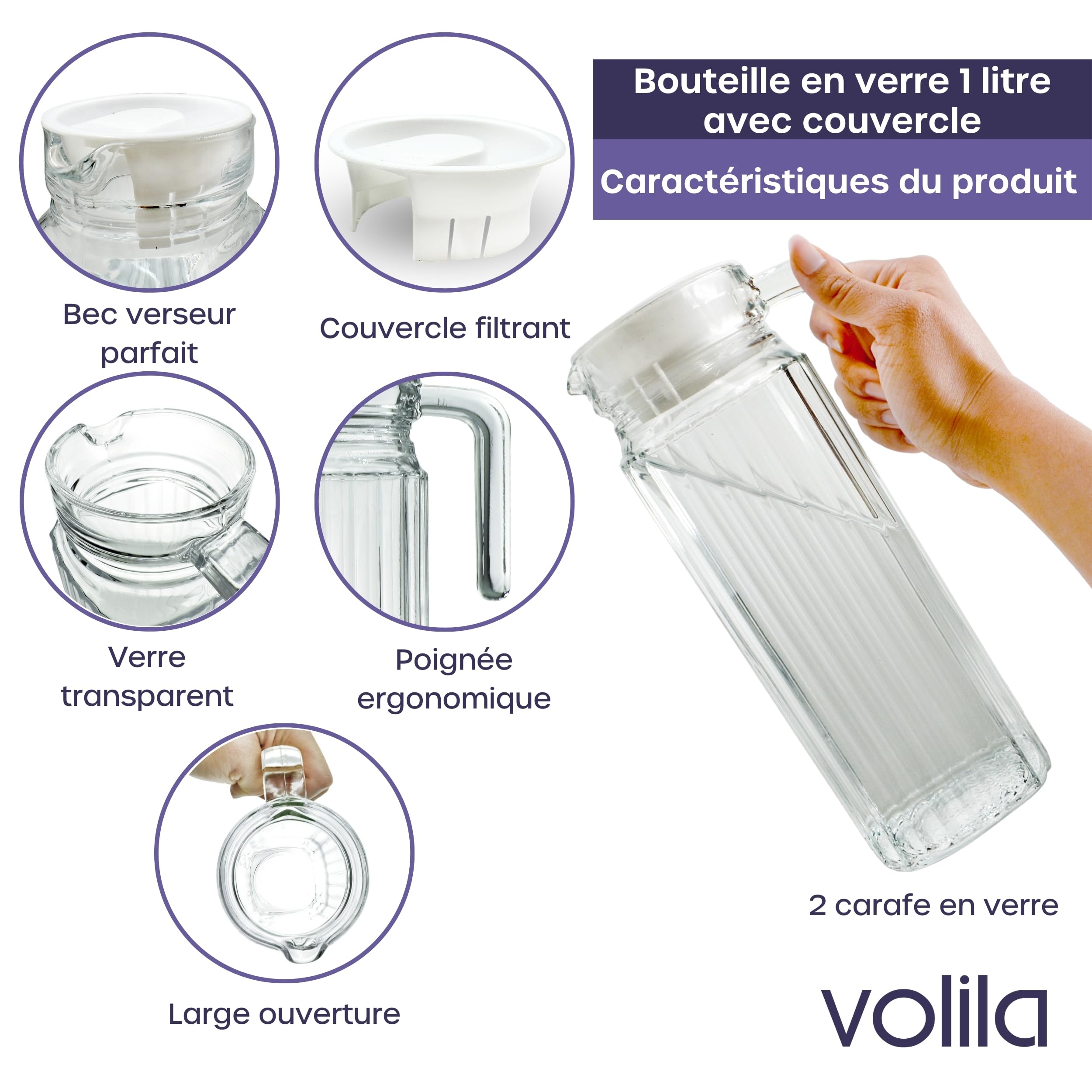 Jarra Cristal Nevera 1L de Vidrio con Tapa (Pack de 2) - Jarra Transparente con Diseño Acanalado y Asa para Estante del Frigorífico y Uso Diario con Boquilla con Ventilación (Paquete de 2)