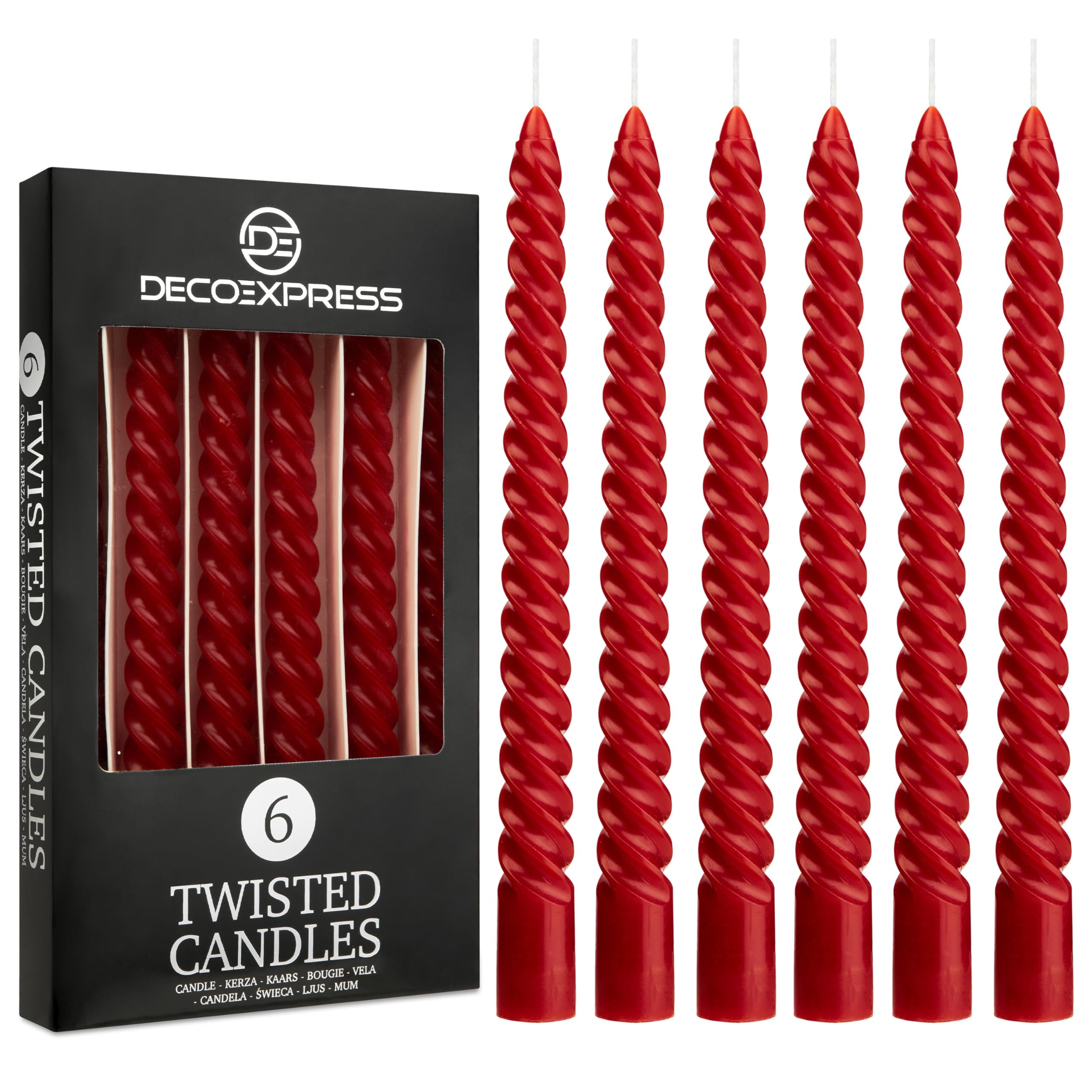 DECO EXPRESS Dinner Candles Pack of 3 or 6 Twisted Non Drip Coloured Spiral Candles Long Lasting 6 Hours Burn Non Scented (Red, Pack of 6)