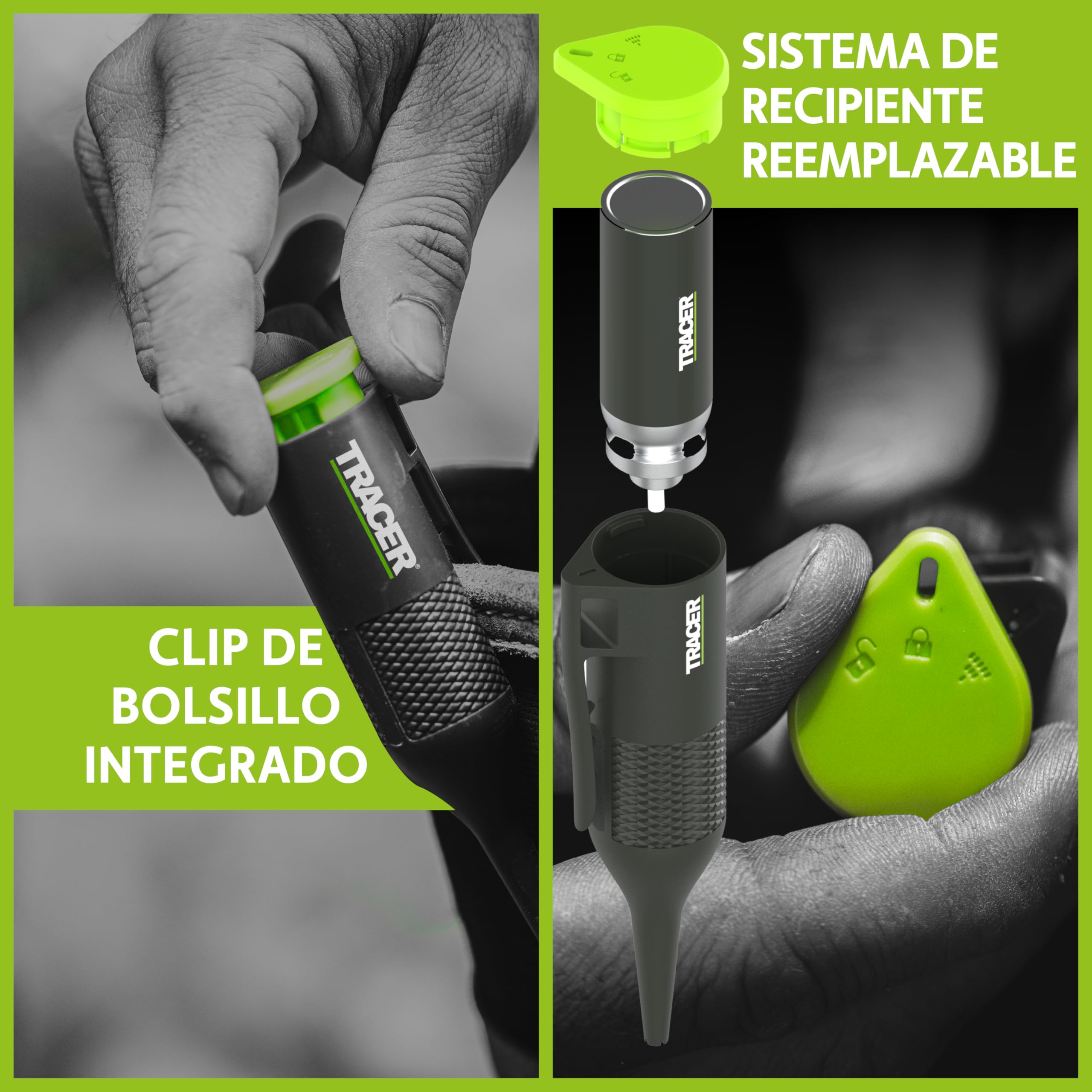 Tracer Marcador de Tiza Trueshot para Agujeros Profundos – Alcance de 100mm | Tiza Verde de Alta Visibilidad | Cartucho Reemplazable | Aplicación con Una Mano | Ideal para Construcción y Bricolaje