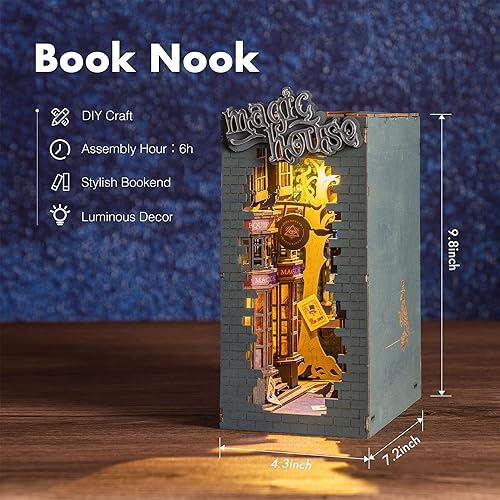 Miniatura 6 de Rolife Kits de rincón de libros de bricolaje LED decorativo para estantería, kit de modelo en miniatura, rompecabezas 3D de madera para adultos,