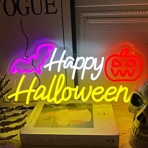 Halloween Neon Sign Dimmable Happy Halloween Neon Bat Led Sign