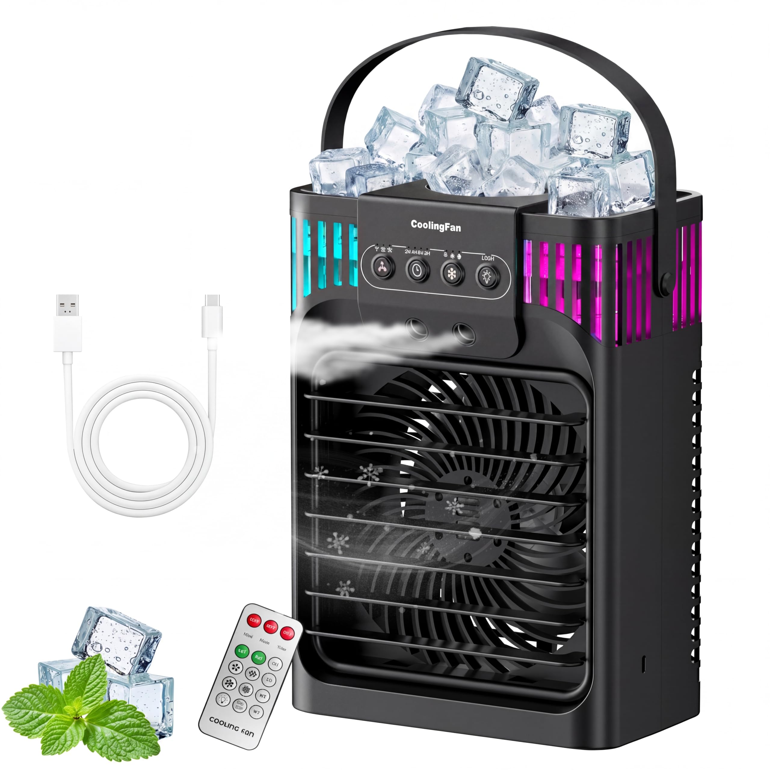 Portable Air Conditioner Cooling Fan, 4 in 1 Personal Evaporative Air Cooler with Remote, 3 Speeds & 3 Mist Modes, 1200ml Water Tank, 2-8H Timer, Night Light, Mini Air Cooler for Home, Bedrooms, Car