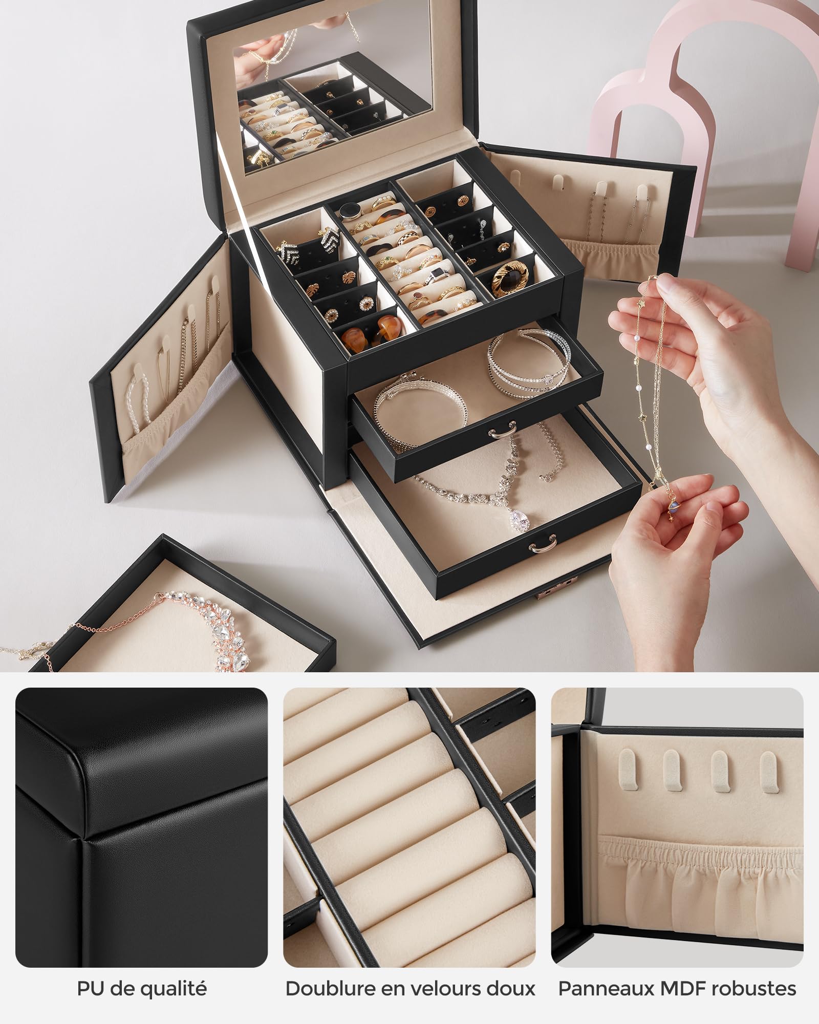 SONGMICS Boîte à Bijoux 4 Niveaux, Écrin à Accessoires avec 3 Tiroirs, Coffre de Rangement, Poignées, Miroir Intérieur, Verrouillable, Rangement pour Bijoux, pour Montres, Noir d'Encre JBC159B01