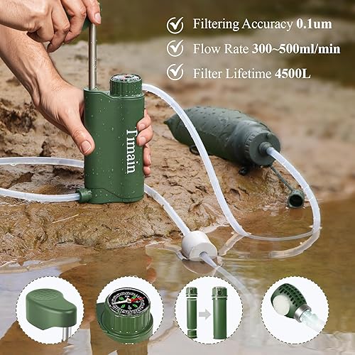 Miniatura 4 de Timain Bomba de filtro de agua portátil para exteriores, sistemas de filtración de agua, perfecta para viajes, camping, senderismo, pesca, caza,