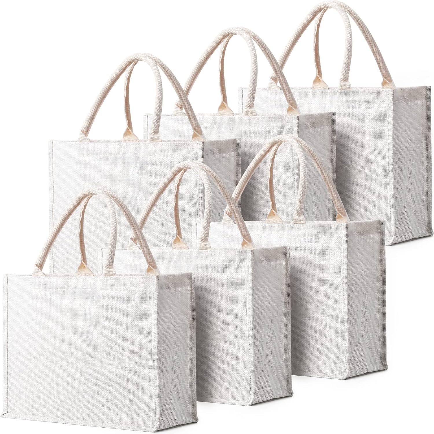 Segarty Tote Bags, 6 Pack Large White Burlap Jute Reusable Canvas Gift Favors Bag with Handles Blank Tote Bulk for Bridesmaid Wedding, Women Market Grocery Shopping, Bachelorette Party, Beach Trip