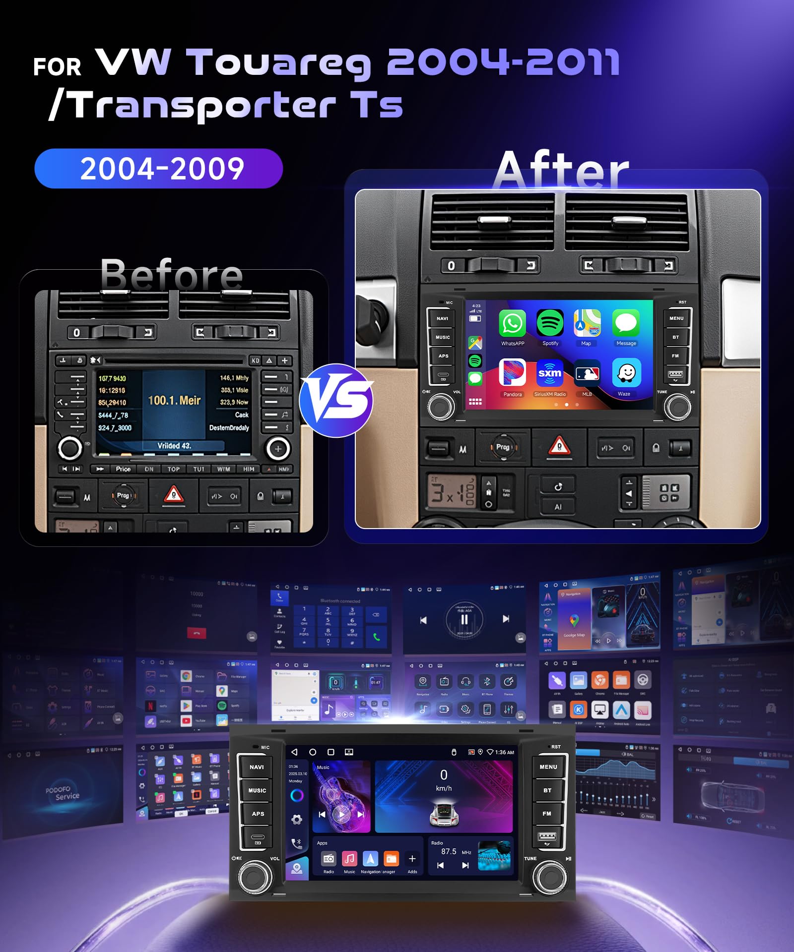 Radio samochodowe 4G/64G VECHTEL 7" do VW Touareg 2004-2011/VW Transporter TS 2004-2009 Carplay Android Bezprzewodowe Auto, EQ, WiFi GPS, RDS/FM Radio 2 Din, radio samochodowe Bluetooth z kamerą