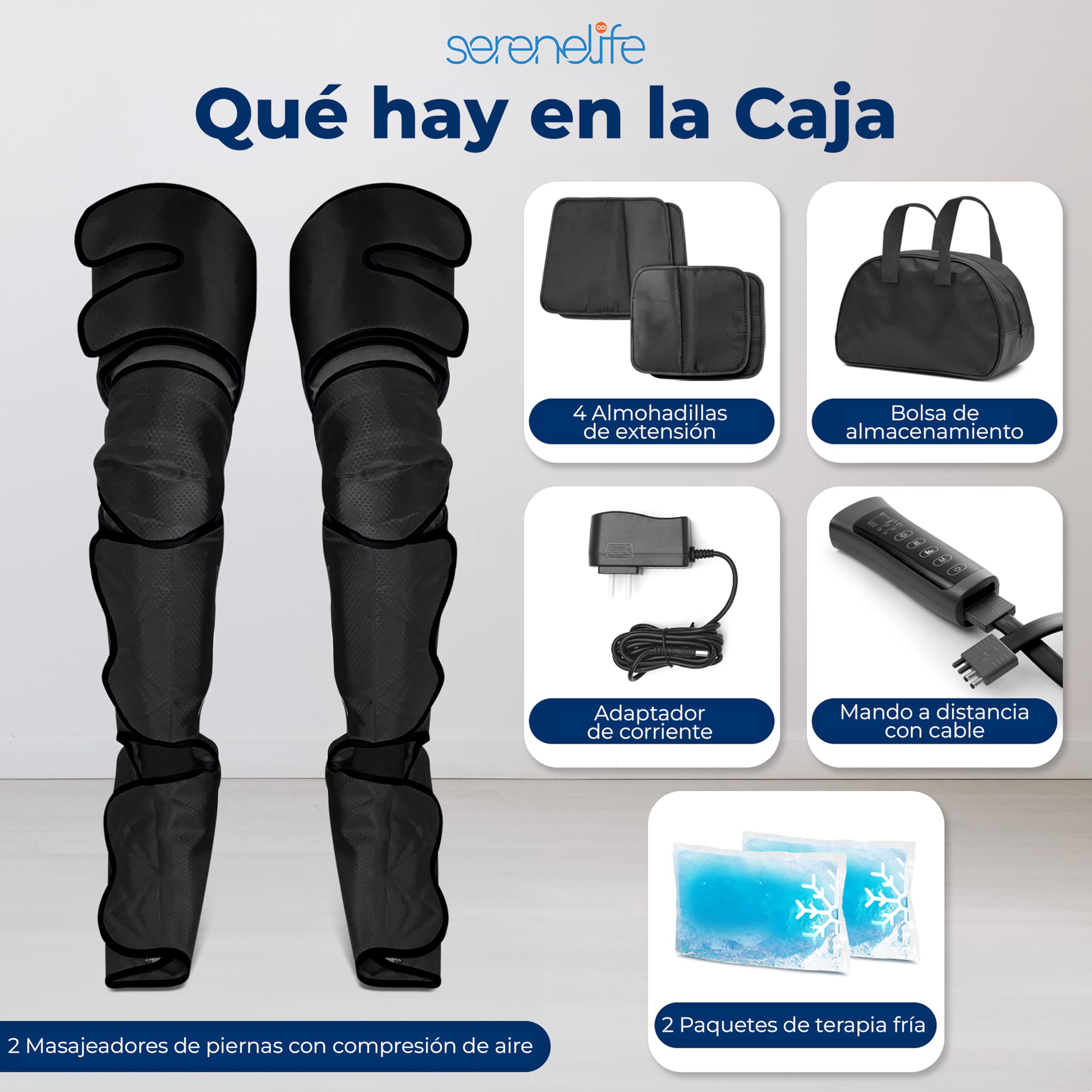 SereneLife masajeador de piernas completo, Presoterapia con compresión de aire y calor en rodillas y pantorrillas, 11 airbags, 6 modos, 3 niveles, 2 bolsas de hielo, Controlador inteligente