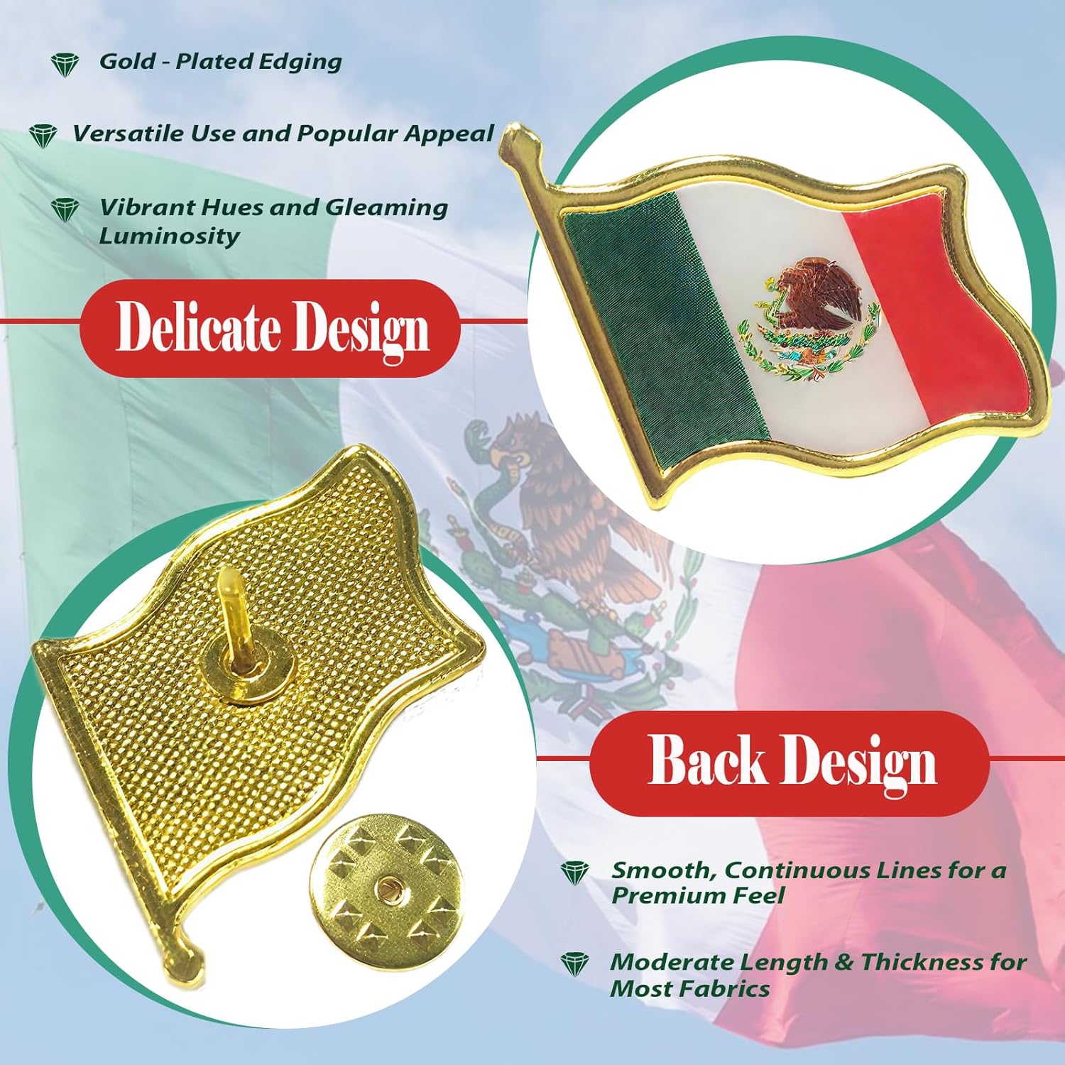 Mexico Flag Lapel Pin - Enamel Metal National Badge,Country Flag Patriotic Brooch Bulk Pack of Pins for Hat, Tie, Clothes, Backpack (2 packs) - Image 2