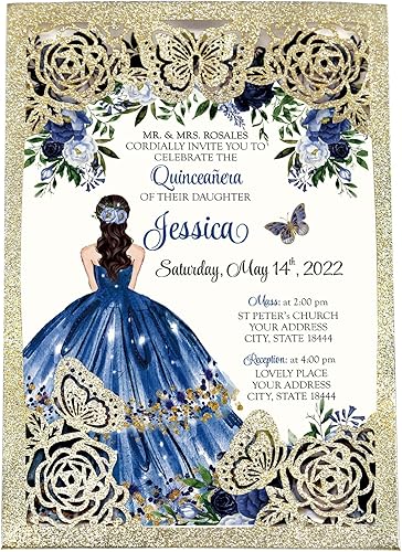 Miniatura 10 de DORIS HOME 50 invitaciones de mariposa azul para quinceañera, 15 años, dulces 16, señorita XV, tarjetas de invitación de membrillo cortado con láser
