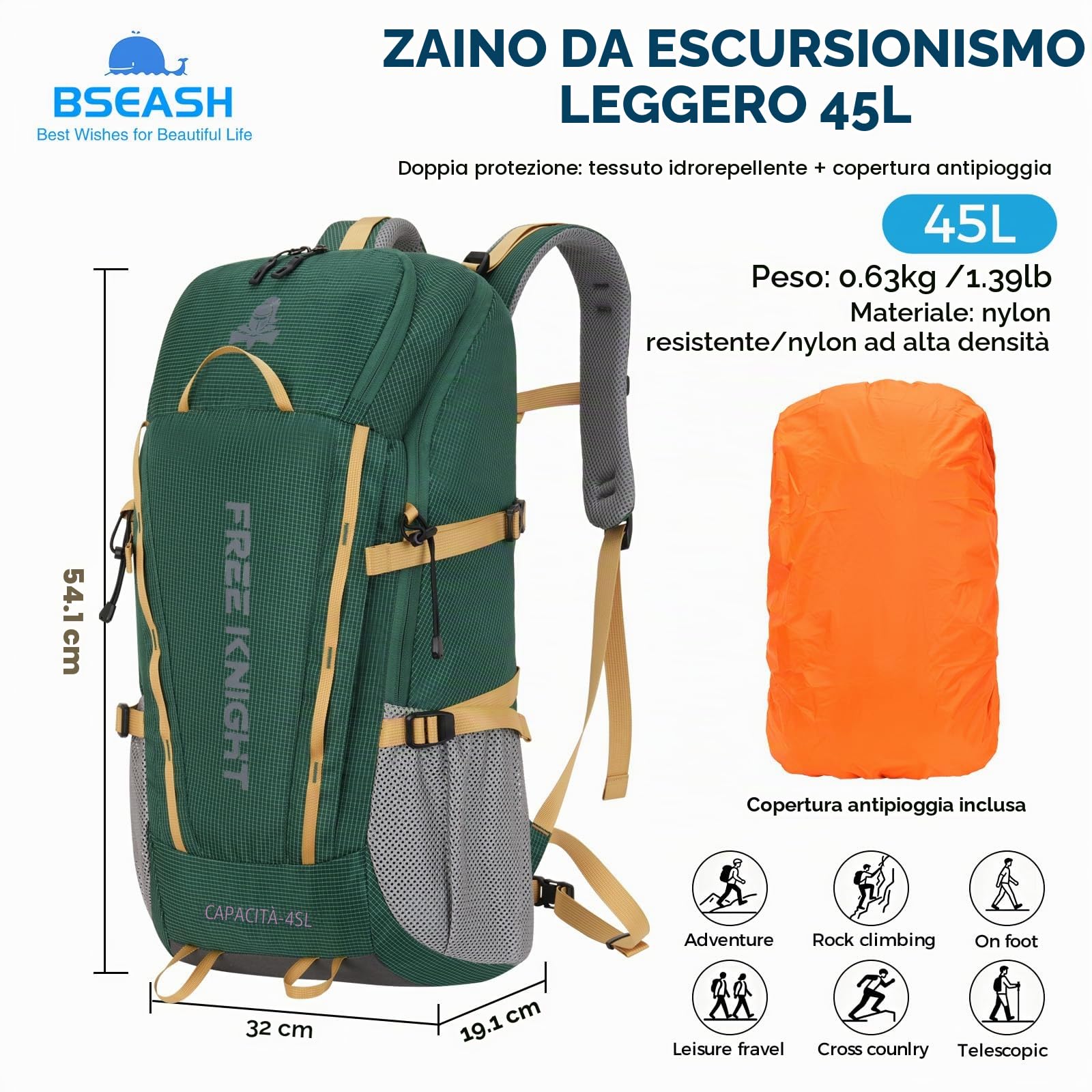 Bseash Zaino da campeggio impermeabile da 45 litri con copertura antipioggia, zaino da viaggio per sport all'aria aperta per arrampicata, sci, ciclismo