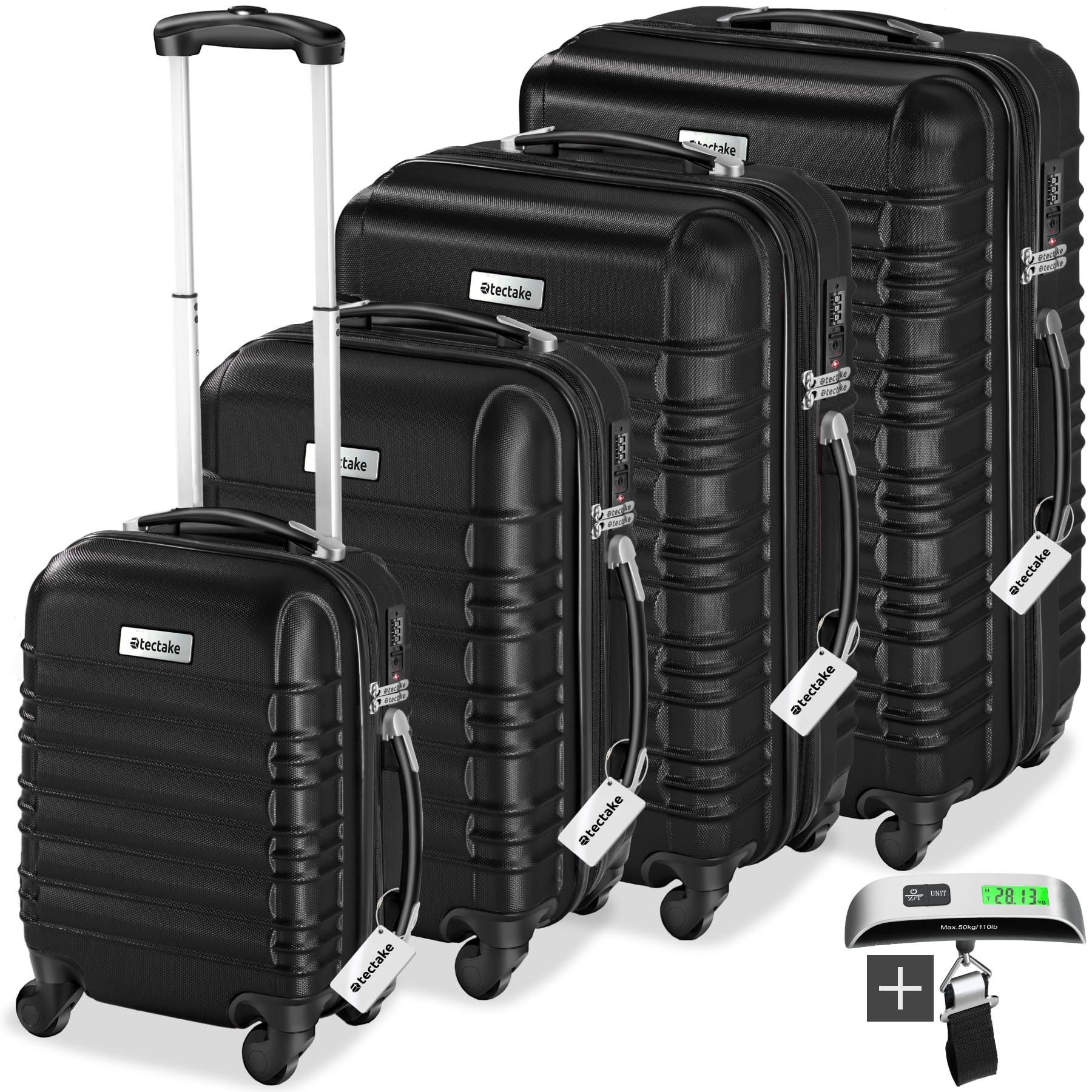 tectake® Juego de 4 Maletas Rígidas en ABS, con Báscula y Etiquetas de Equipaje, Set de Maletas de Viaje con Ruedas de 360º y Asa Telescópica, Cerradura de Combinación, Apilables Entre sí - Negro