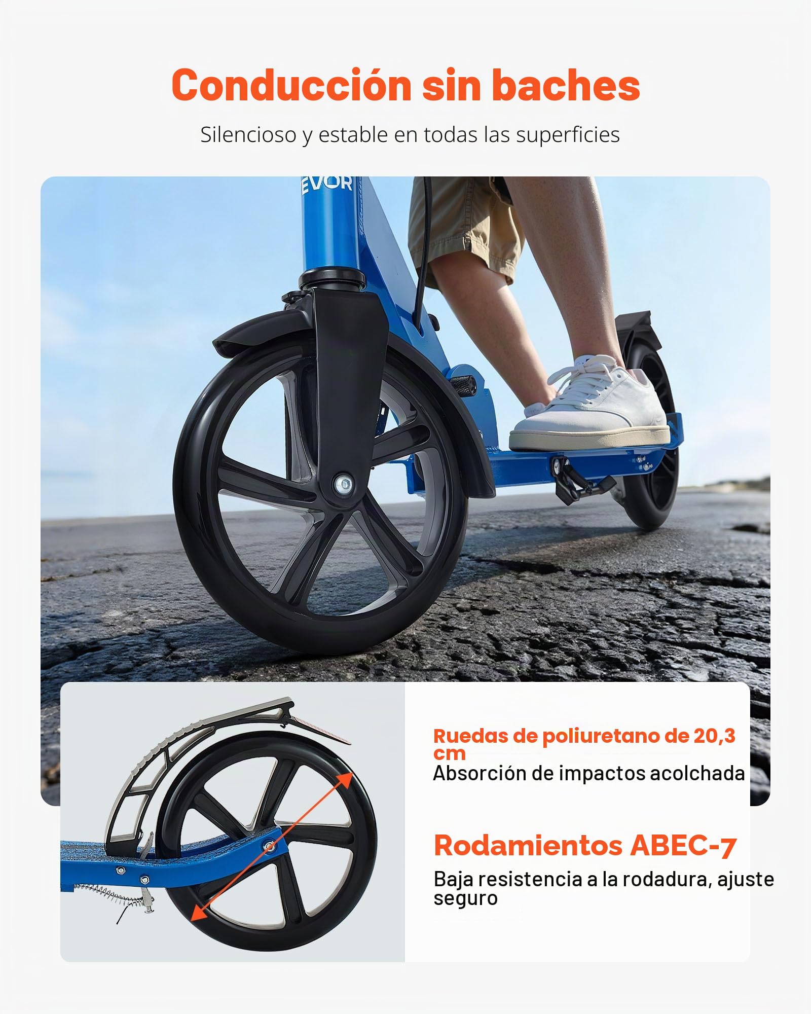 VEVOR Patinete a Niños a Partir de 8 Años, 2 Ruedas, con Manillar Regulable en Altura y Base Antideslizante, Freno Mano, Marco de Aleación Aluminio, hasta 100 kg, Negro Azul, 900 x 380 x 1000 mm