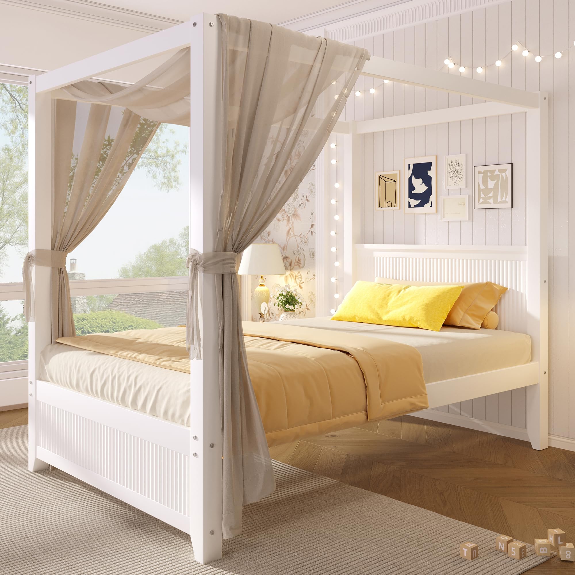 MURUL Himmelbett 90x200 cm Weiß, Massivholz Bett mit Dachrahmen & vertikalen Lamellen, Skandinavisches Design