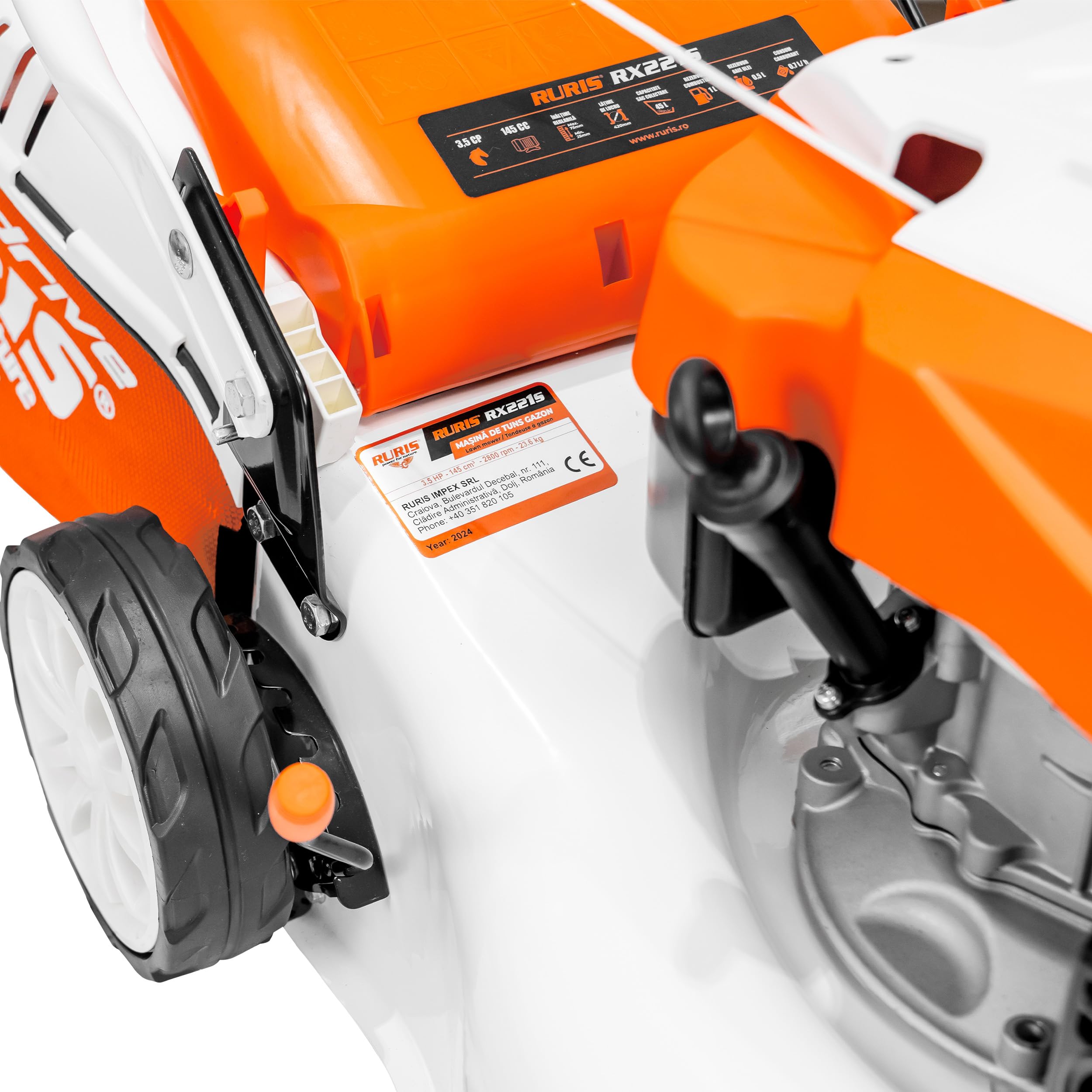 RURIS - Cortacésped térmico RX221S, 3,5 CV, 42 cm, Bolsa 45L, 3 en 1: Recogida, eyección Trasera, Mulching, chasis de Acero, Altura de Corte 25-75 mm, Naranja