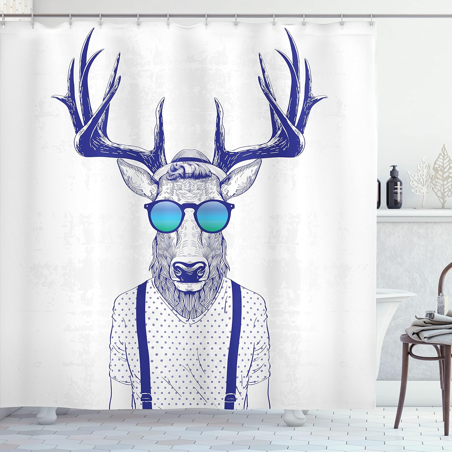Ambesonne Antlers Shower Curtain, Illustration of Deer Dressed up Like Cool Hipster Fashion Creative Fun Animal, Cloth Fabric Bathroom Decor Set with Hooks, 69" W x 84" L, Indigo White
