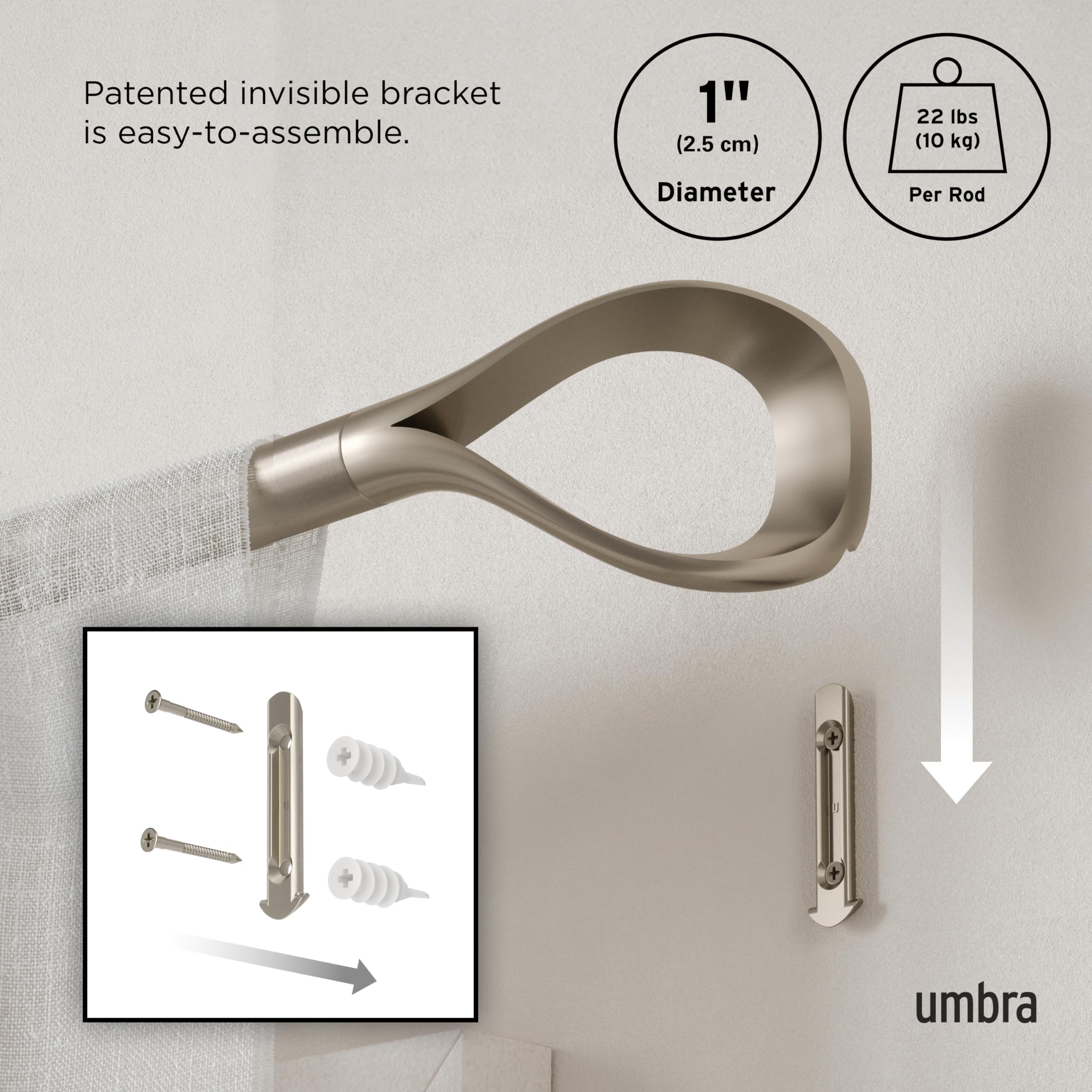 Umbra Loop Curtain Rod for Window Adjustable 42" to 120", Nickel, 107 cm x 10 cm - Image 2