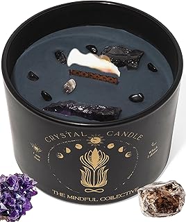 Black Crystal Candle for Women - 12oz Wood Wick Candle That Crackles with Natural Soy Wax. Luxurious Slow Burn, for Meditation. Includes Amethyst & Smokey Quartz Crystals