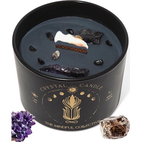 Large Candles for Women - 12oz Soy Wood Wick Candles that Crackle with Crystals and Healing Stones. Non-Toxic Scented, Luxury Aromatherapy (Crystal Black Candle)
