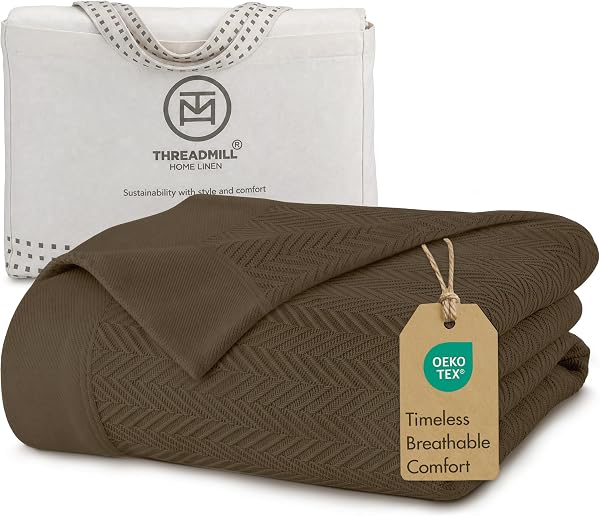 Threadmill Luxury 100% Cotton Twin Herringbone Blanket, Espresso