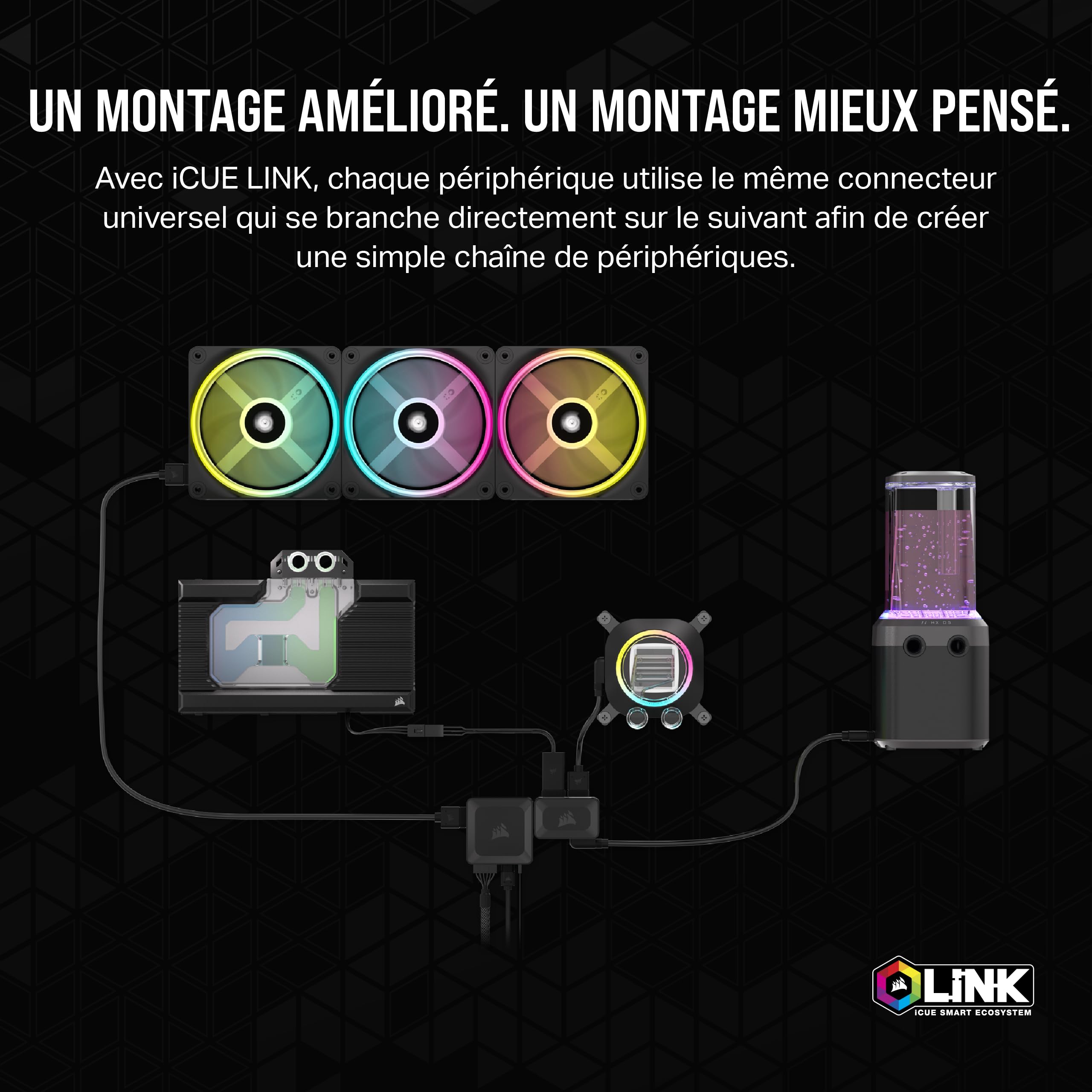 CORSAIR Hydro X Series iCUE Link XH405i Kit de Watercooling Personnalisé – Waterblock pour Processeur XC7 Elite – Pompe/Réservoir D5 XD5 Elite – 3 Ventilateurs RGB QX120 – Gris Furtif