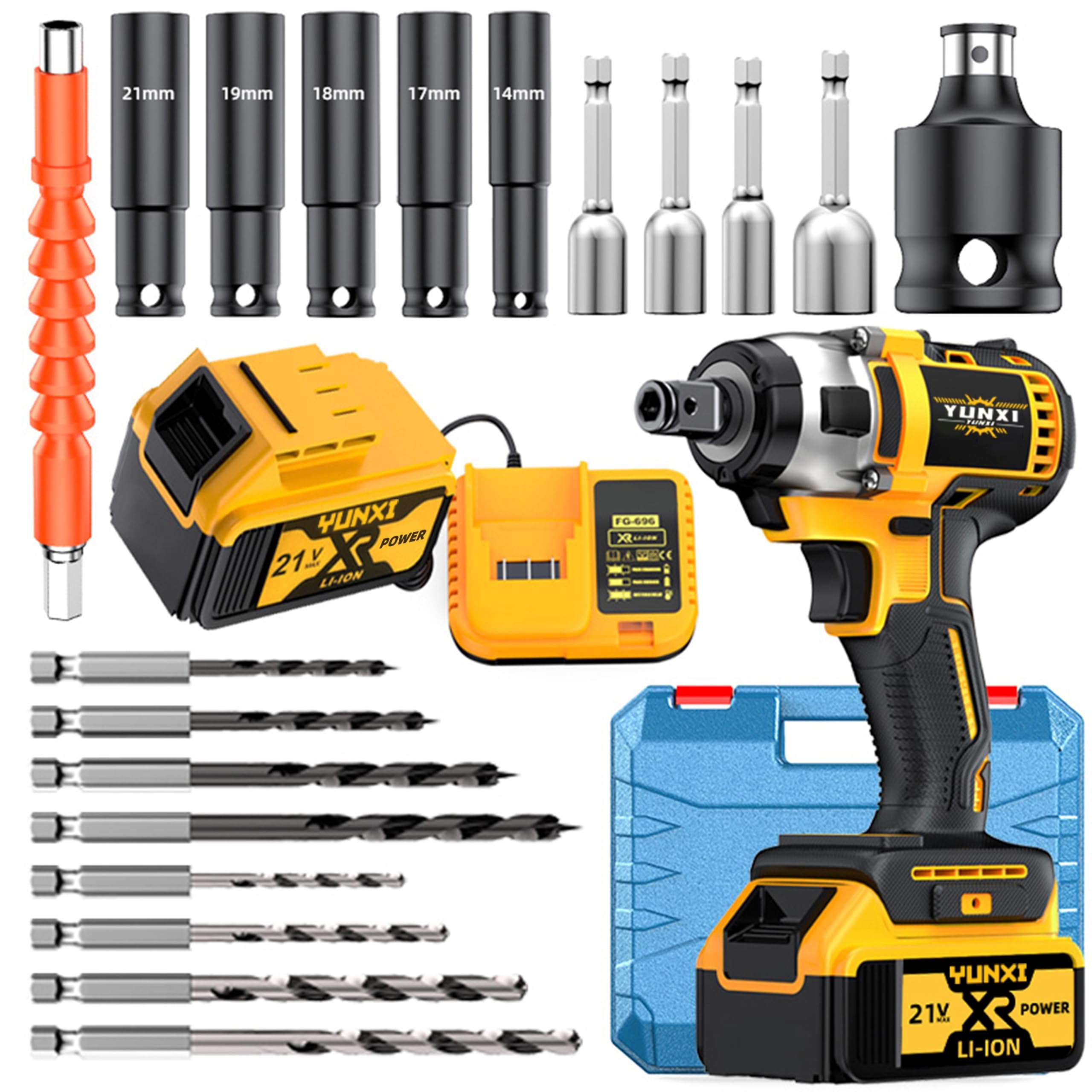 21V wireless impact wrench,Wireless drill/driver compatible with car (Wrench set+1 battery)