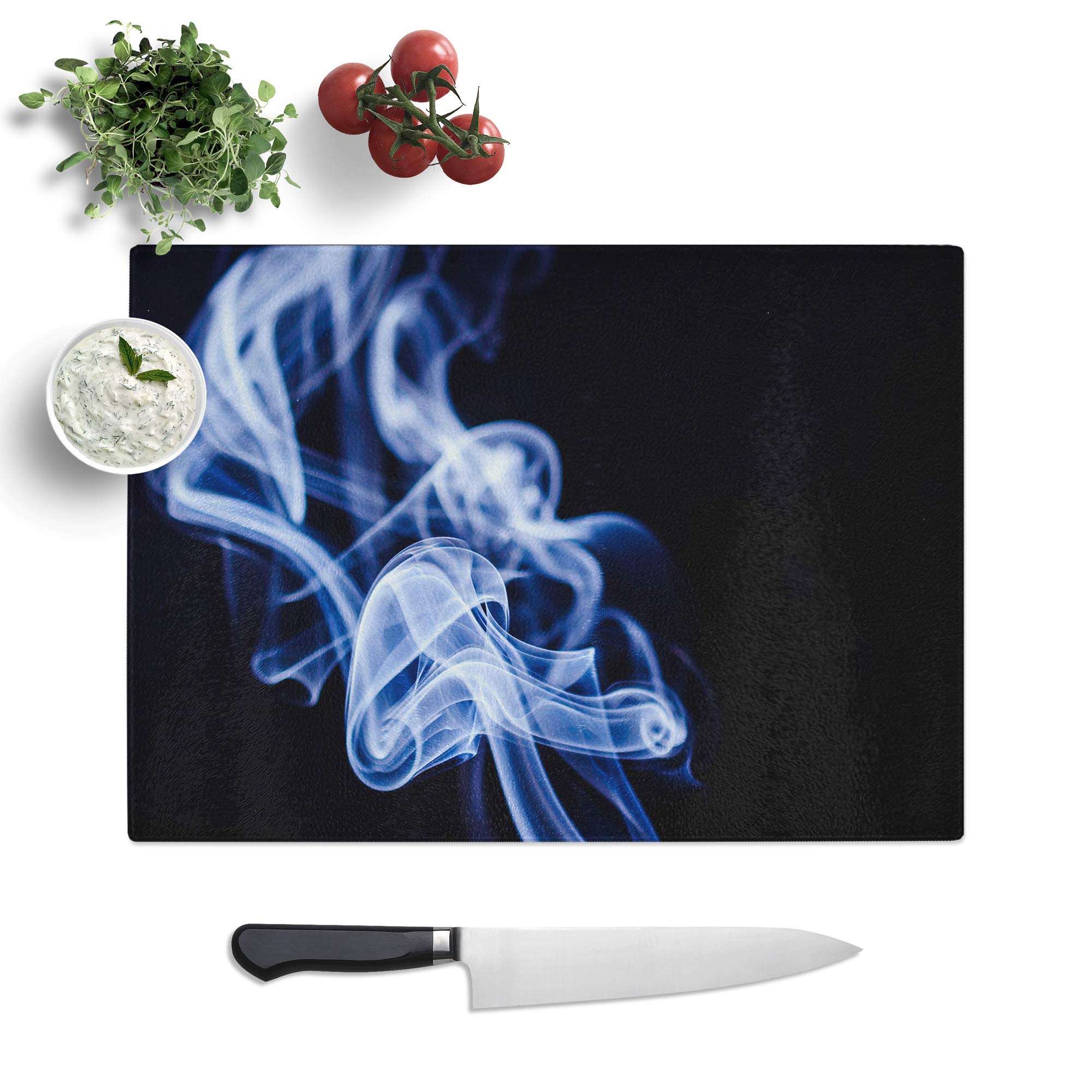 Kitchen Chopping Board Glass - Blue Smoke Abstract - Textured Worktop Saver Cutting Board - Heat Resistant, Shatterproof and Hygenic - 39 x 28.5 cm