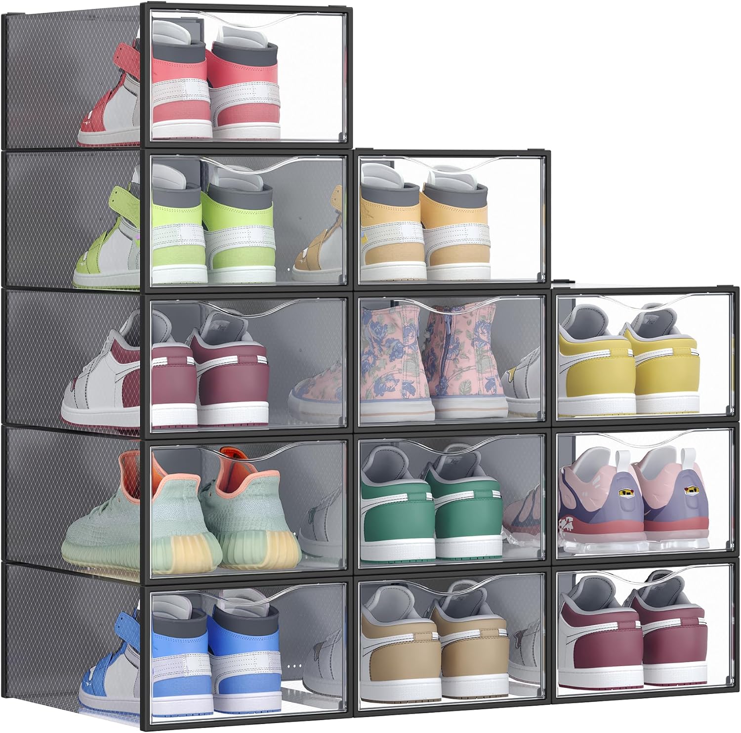 SONGMICS Stackable Shoe Boxes, Set of 12 Plastic Shoe Organizers with Door, Transparent, Easy Assembly, 9.1 x 13.1 x 5.6 Inches, for Shoes up to US Size 10, Transparent and Ink Black ULSP312B01 12 Count Fit Size 10 Transparent + Ink Black