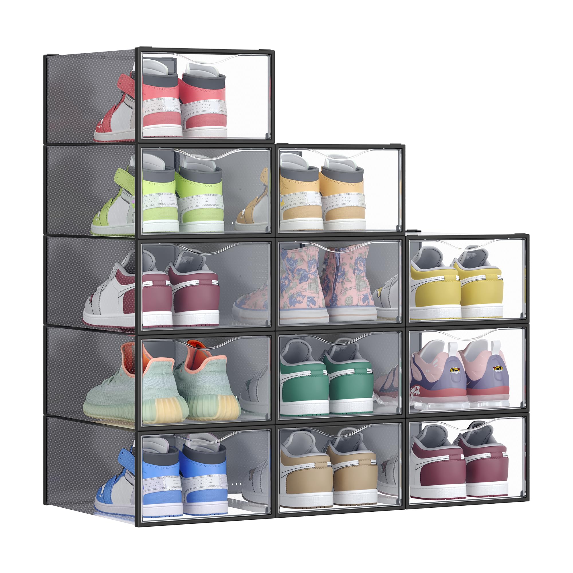 SONGMICS Stackable Shoe Boxes, Set of 12 Plastic Shoe Organizers with Door, Transparent, Easy Assembly, 9.1 x 13.1 x 5.6 Inches, for Shoes up to US Size 10, Transparent and Ink Black ULSP312