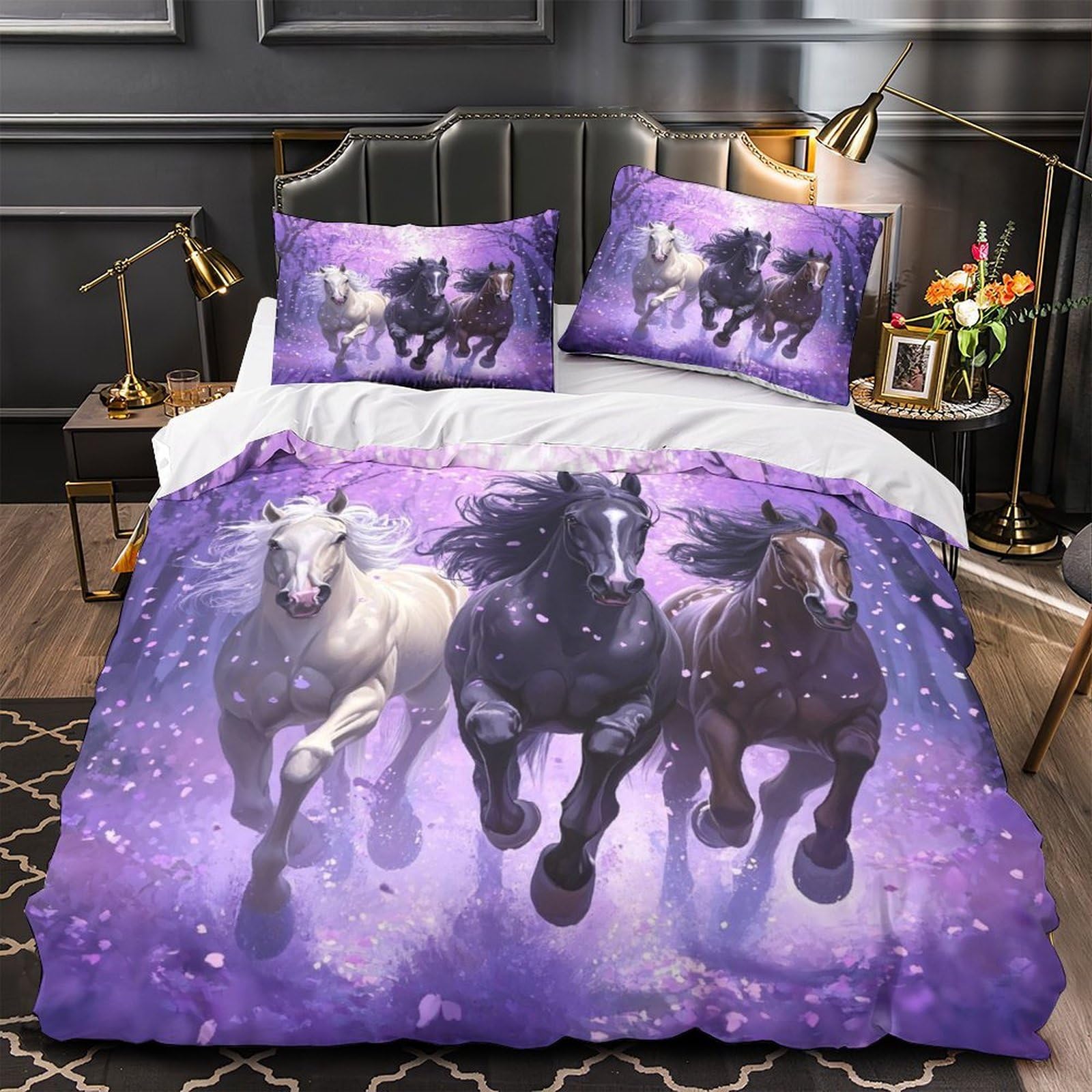 Housse de couette chevaux violets 140x200 parure de lit fille microfibre