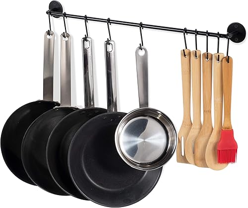 Wallniture Riel de cocina gourmet de 24 pulgadas con 10 ganchos en S para colgar utensilios, juego organizador de almacenamiento, acero, negro