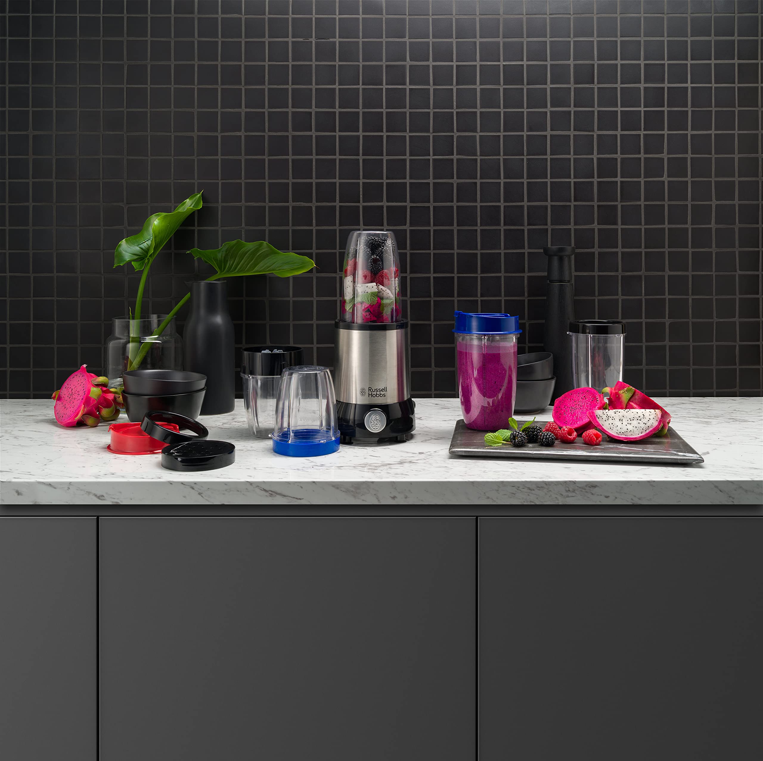 Russell Hobbs Blender [Multifonction: mixeur & moulin] NutriBoost (700W, 5 bols+couvercle sans BPA & 15 accessoires comp. lave-vaisselle incl., 22.000 tr/min, soupe, smoothie, épices & plus) 23180-56