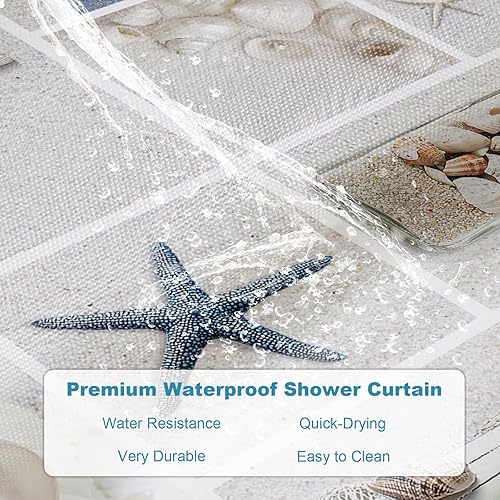 Vista 138 de Cortina de ducha de tortugas marinas, temática náutica de playa, verde y verde azulado, sin ganchos, punto gofre y forro desmontable, decoración