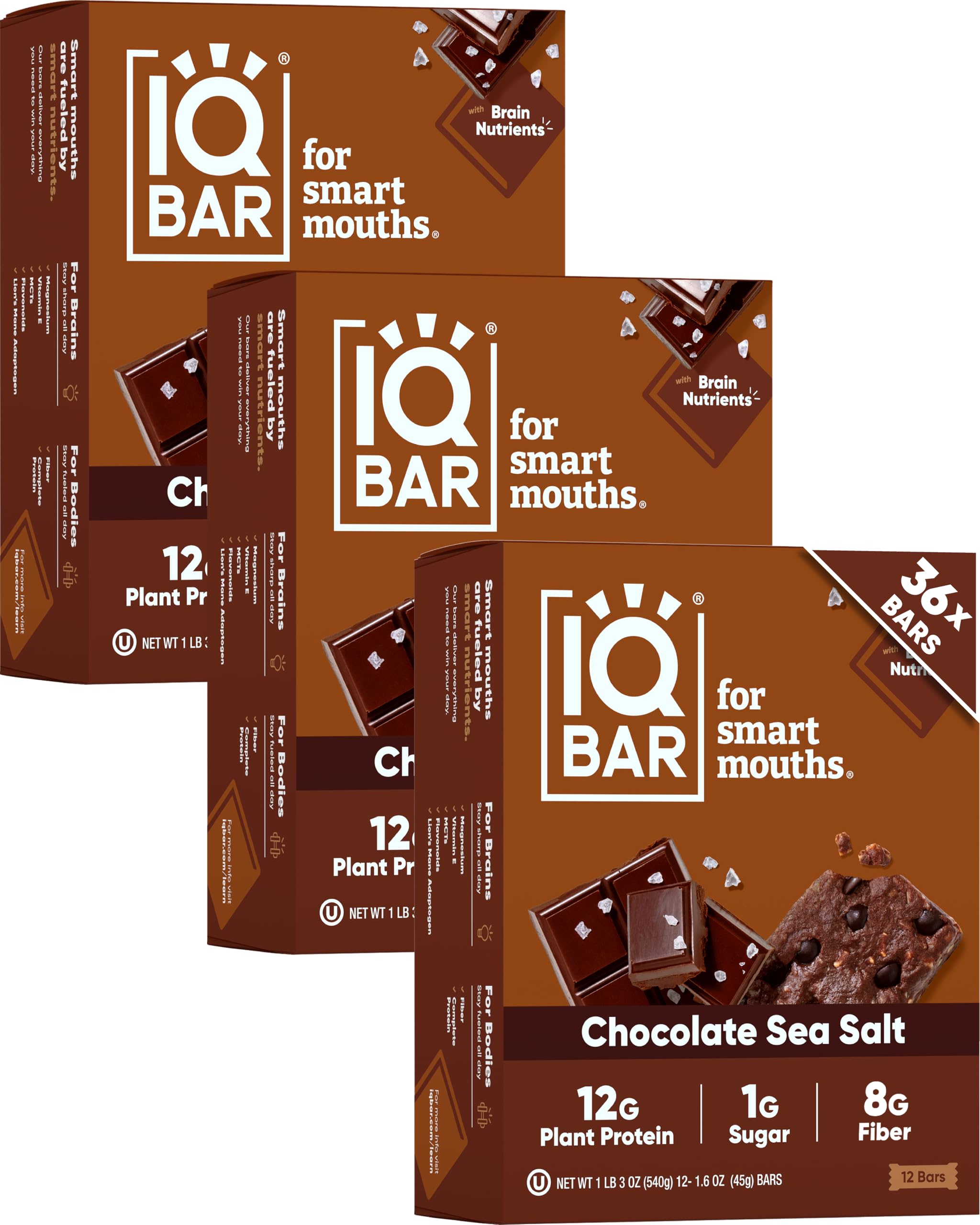 IQBAR Brain and Body Plant Protein Bars - Chocolate Sea Salt - 36-Count - Keto, Vegan, Low Carb, High Fiber, Gluten Free, Dairy Free, Low Sugar Snack with Nutrients for Focus, Energy, Meal Replacement