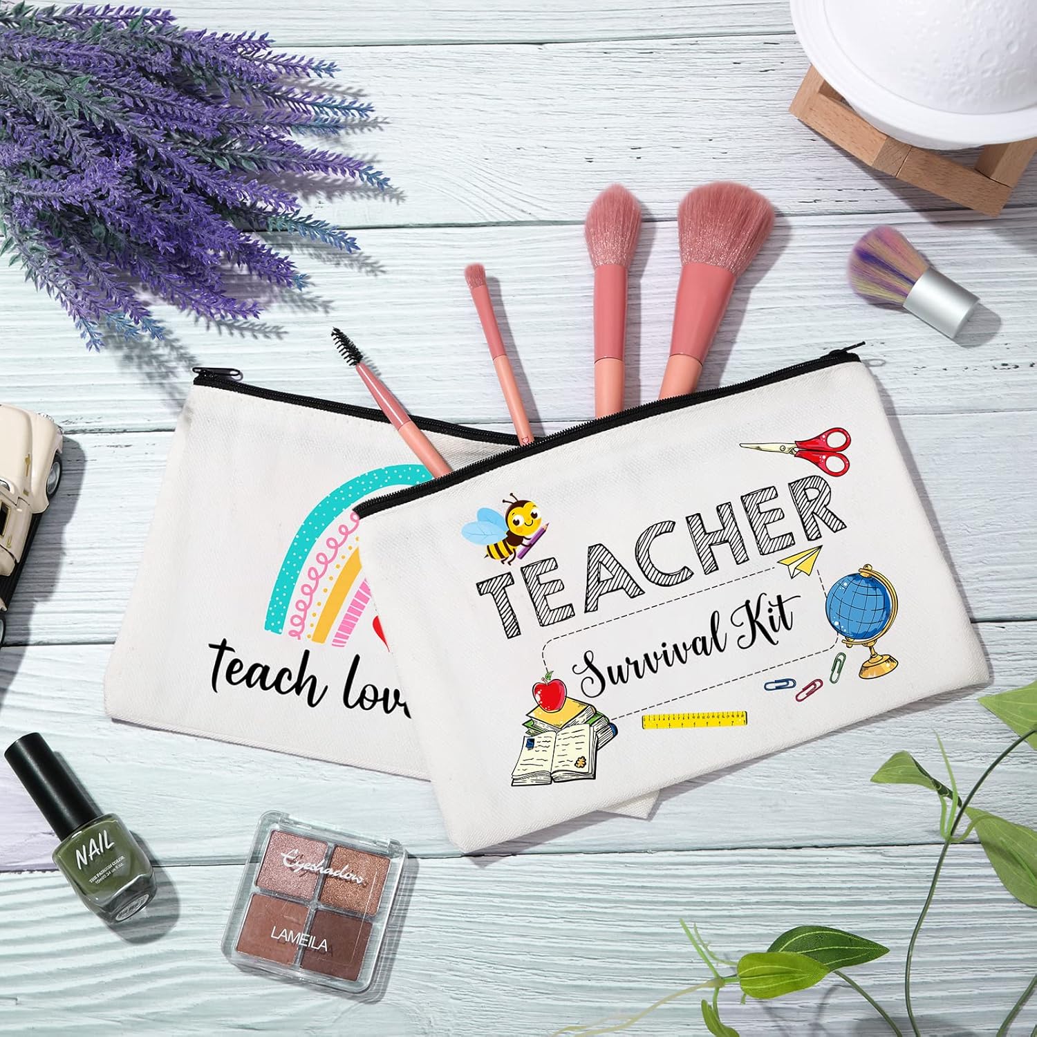 Saintrygo 20 Pieces Teacher Gifts Makeup Bags Bulk Canvas Survival Kit Cosmetic Bag Zippered Pencil Case Appreciation Gifts Travel Toiletry Pouch for Graduation Teachers Day(Heart)