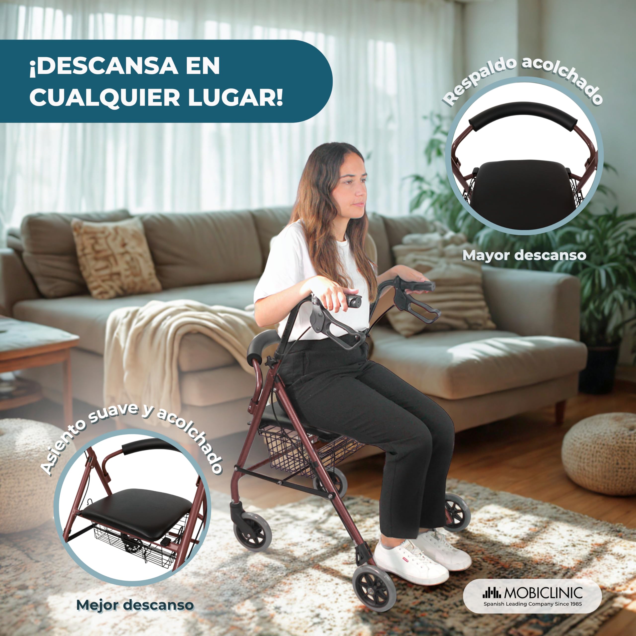 Mobiclinic®, Andador para Ancianos, Plegable, Regulable en Altura, Frenos Manuales y Bloqueables, Hasta 110 kg, con Cesta y Asiento, Ligero, Resistente, Aluminio, Escorial (Burdeos)