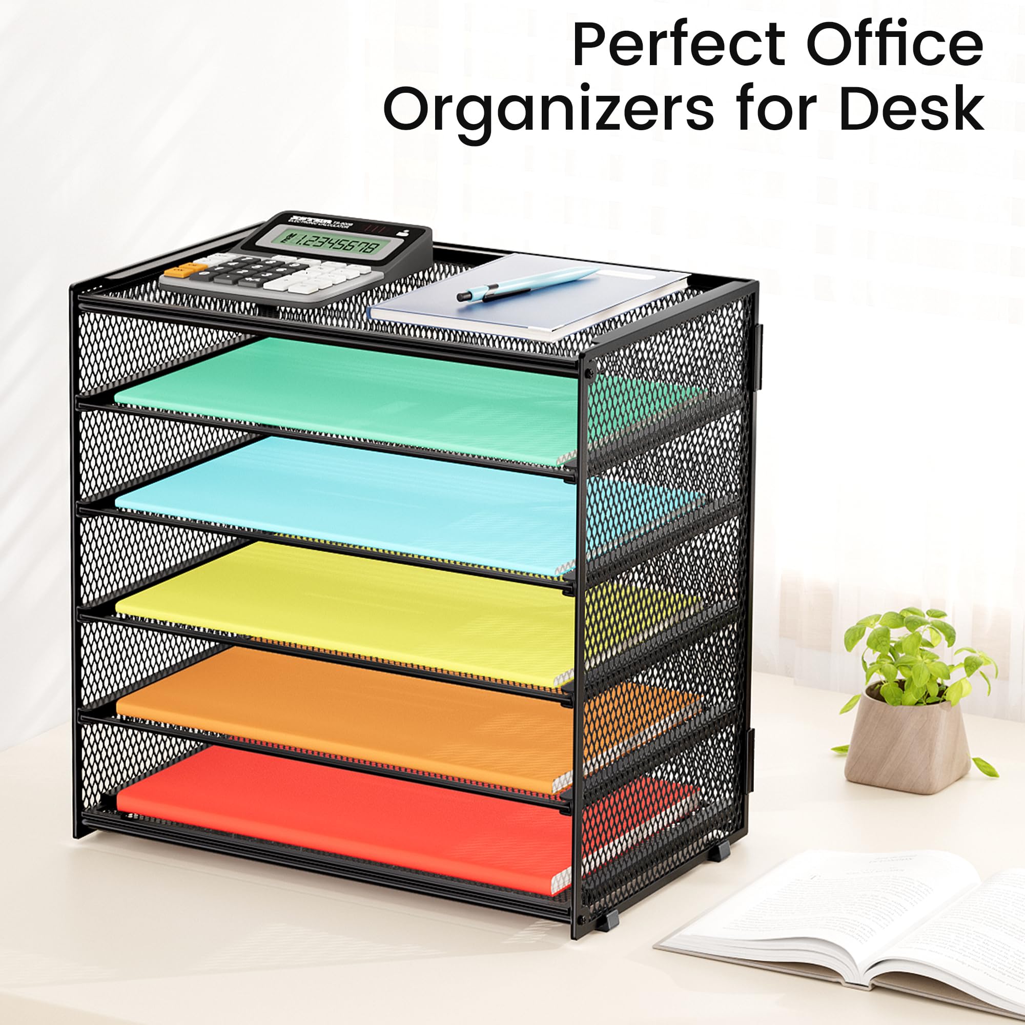 Biciyarn 6 Tier Paper Organizer, Metal Mesh Desk File Folder, Letter Tray Organizer, Paper Sorter Desk Organizers for Office, Home or School File Folder Holder - Black