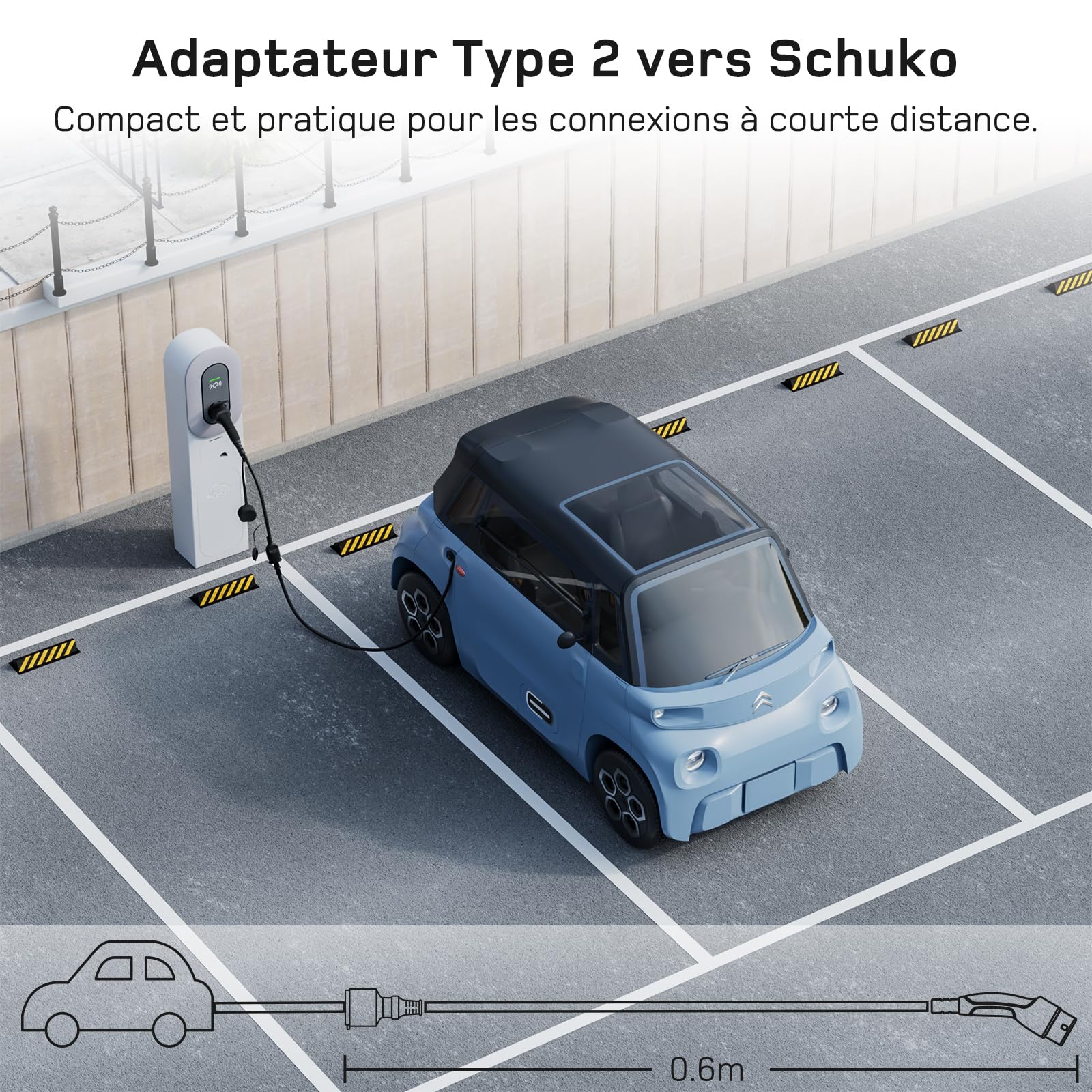 dé Adaptateur Type 2 vers Schuko 16A 0,6m Chargement Facile aux bornes de Recharge/Wallbox 230V, IP55 pour Vélo Électriques, Scooter Électriques et Motos Pas pour V2L