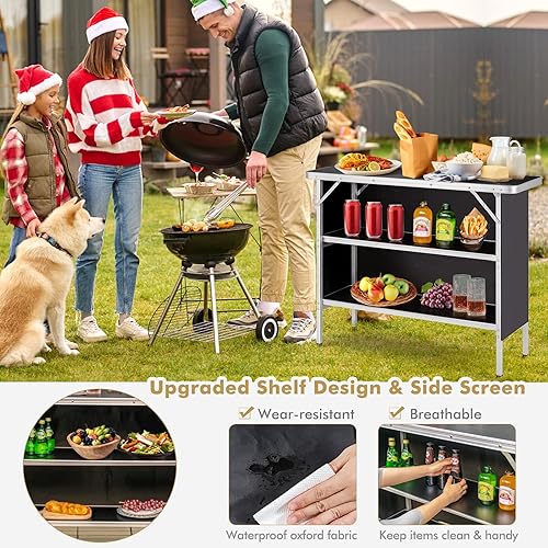 Miniatura 4 de COSTWAY Mesa plegable de picnic, mesa de aluminio ligera portátil con bolsa de transporte, estación de preparación de alimentos con 2 estantes,