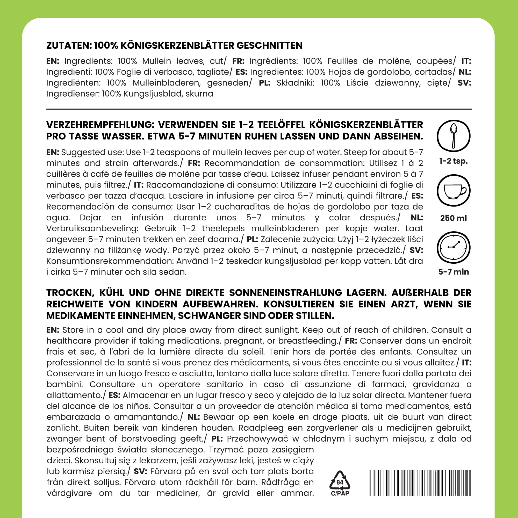 Alpi Nature Té de Gordolobo 250g, Hojas Secas y Cortadas, Té de Hierbas, Gordolobo Infusión