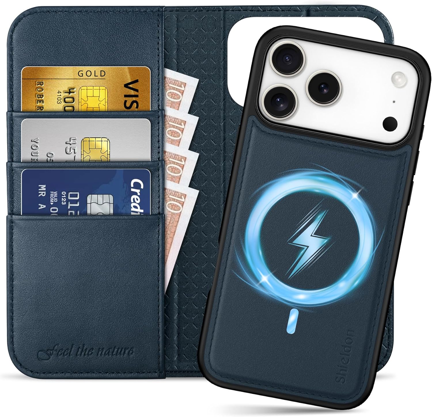 shieldon detachable wallet case for iphone 17 pro max 6.9-inch | genuine leather, magnetic, wireless charging, rfid blocking card slot, kickstand, removable, shock-absorbing phone holder - navy blue for iphone 17 pro max navy blue