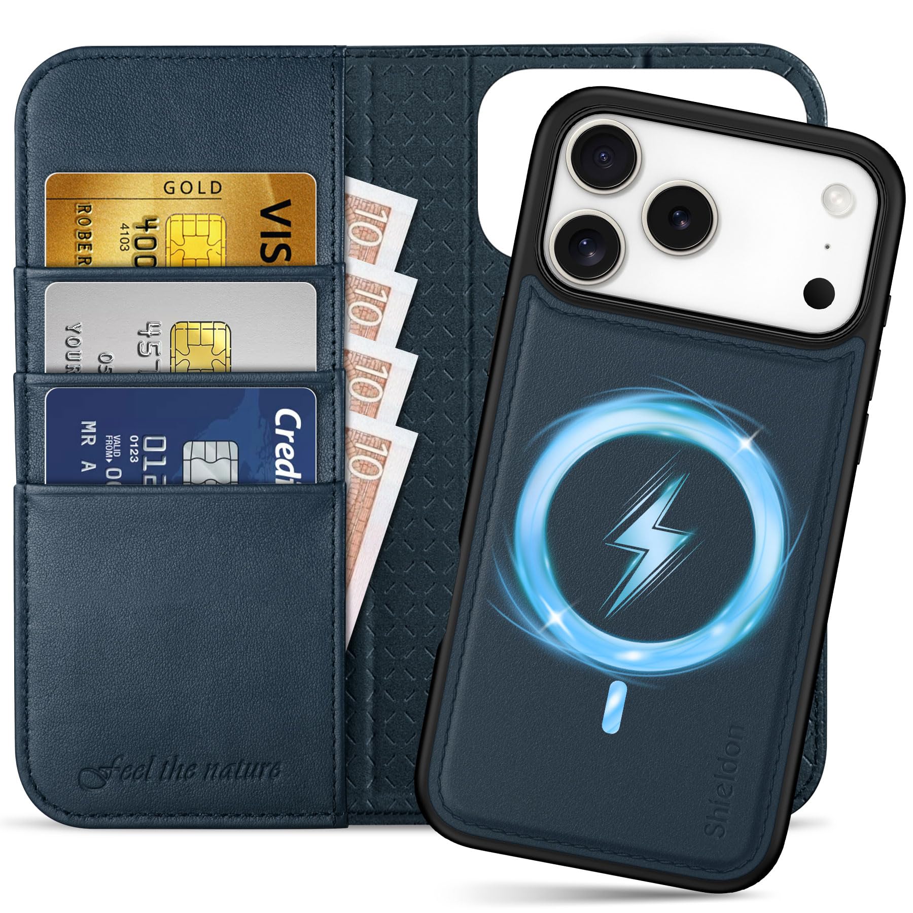 SHIELDON Detachable Leather Wallet Case for iPhone 17 Pro Max, Navy Blue | Genuine Leather, Wireless Charging, Kickstand, Magnetic Closure, RFID Blocking, Credit Card Slot, Folio Shockproof Cover