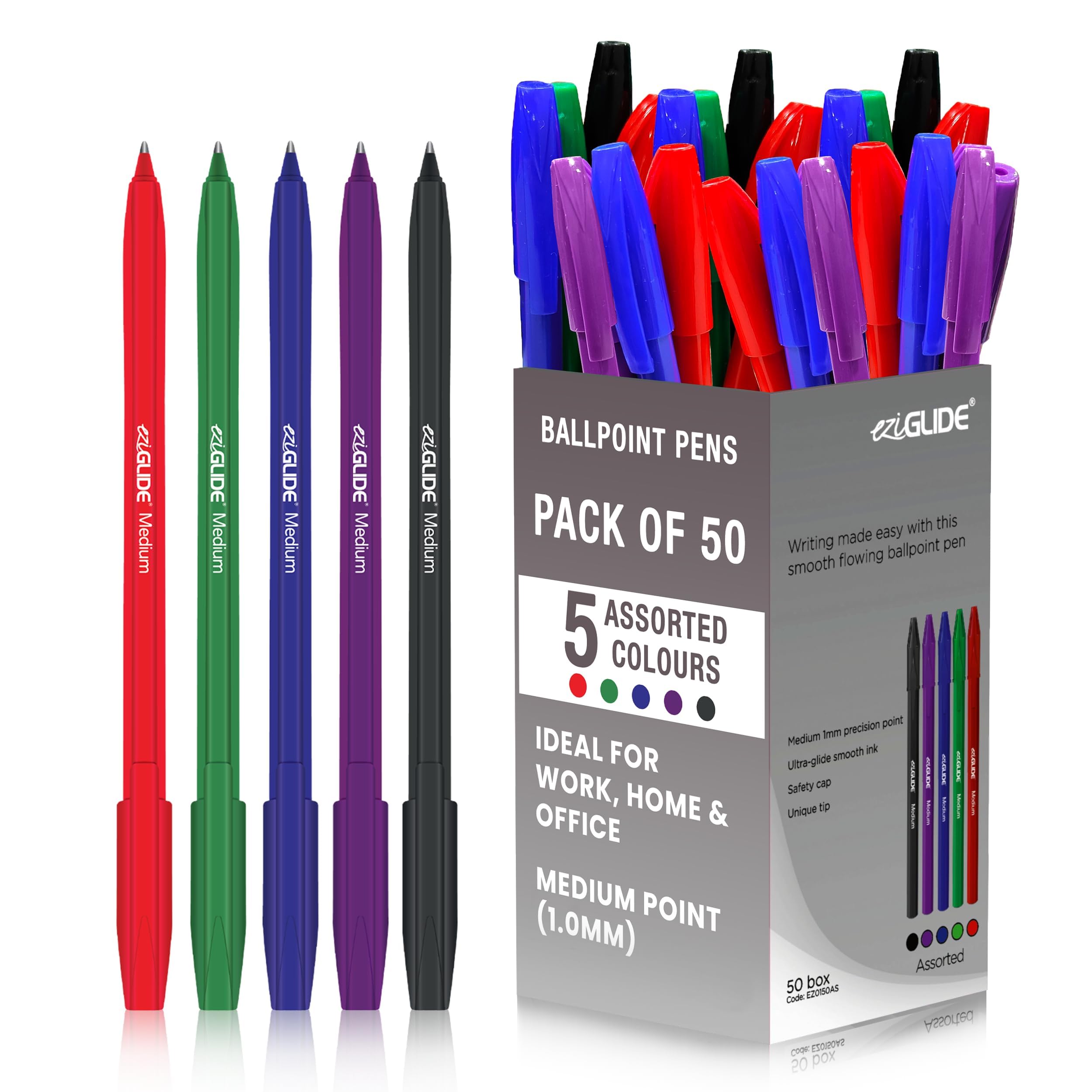 50-Pack Ballpoint Pen Set, 5 Assorted Colours – Medium Point Nib (1.0mm) for Precise Writing & Ergonomic Grip – Writing Pens for Home, Office, Teachers, Exams, Work, and Stationary Use